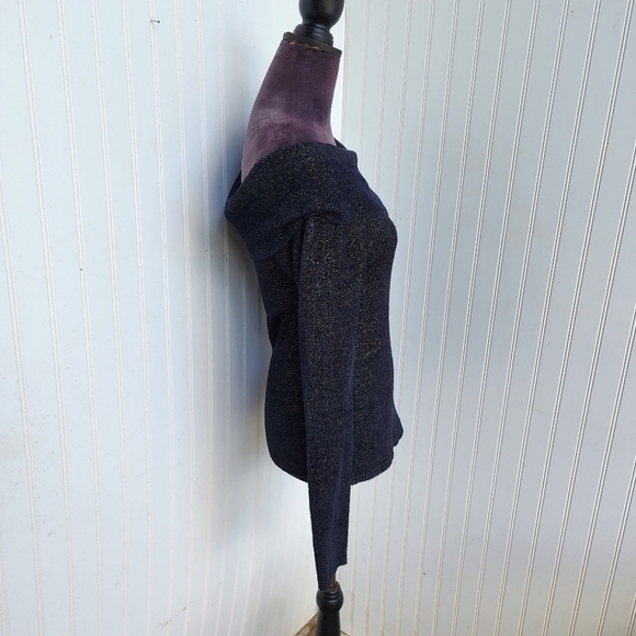 CACHE Womens NAVY GOLD OFF THE SHOULDER SOFT TUNIC TOP SWEATER Nylon Stretch M - Picture 4 of 12